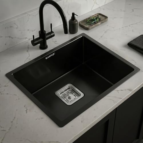 Image of BASINQU Kitchen Sink 18x16x10 Inch Handmade Single Bowl Sink for Kitchen Basin Black 304 Grade Stainless Steel Brushed Matte Finish Including Coupling Fruit Tray Hose Pipe Kitchen Sinks