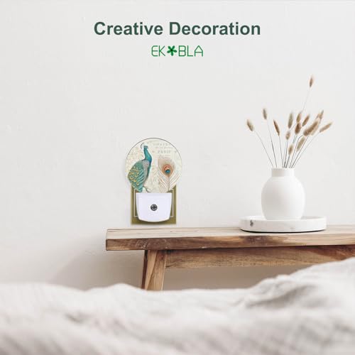 Image of EKOBLA Peacock Night Light, Peacock Feather Retro Night Lights Plug Into Wall with Auto Sensor, 0.5W Sleep Friendly for All Ages