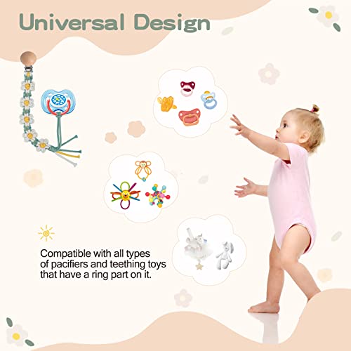 Image of Pacifier Clip for Boys Girls Floral Daisy Macrame Paci Clip Pacifier Holder Leash Boho Wooden Clips Handmade Braided Cotton Unisex Baby Shower Birthday Gift