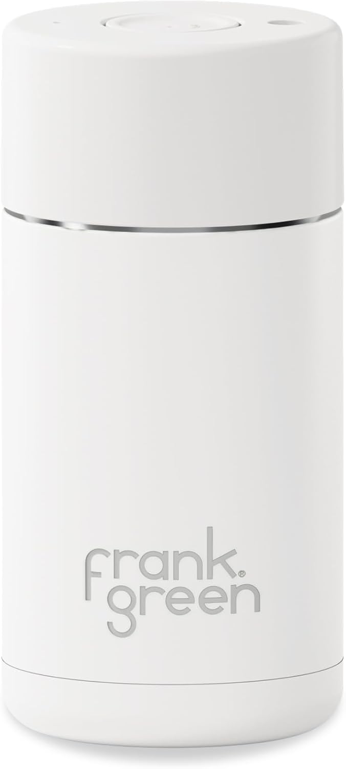frank green - Ceramic Reusable Cup - Travel Coffee Mug, Stainless Steel Coffee Cup, Insulated Tumbler - Push Button Lid - 12oz - Moon Dust