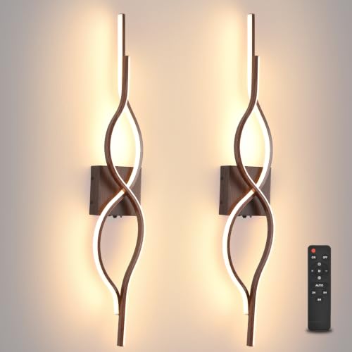 Image of Battery Operated Wall Sconces Set of 2, Walnut 31.4'' LED Dimmable Wall Sconce with Remote Control, Adjustable Color Temperature Brightness for Living Room Bedroom and Hallway Rechargeable Lighting