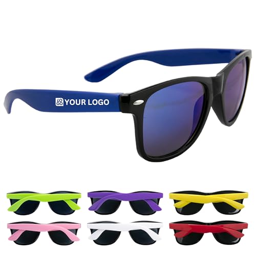 USMG Custom Printed Black Frame Sunglasses with Logo, UV Protection, Lightweight Party Favor Sunglasses for Events, Weddings, Corporate Branding (Black/Blue, Qty 100)