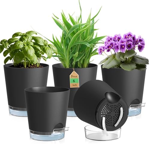WSMKSZ 15cm Selbstbewässerungstopf, 5er Set Kunststoff Blumentöpfe, Schwarz | Pflanztöpfe mit Abflusslöchern & Transparentem Untersetzer, Sichtbarem Wasserstand, mit Baumwolldocht,
