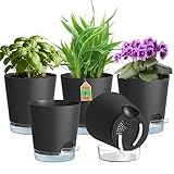WSMKSZ 15 cm Blumentopf Selbstbewässernd, 5er Set Kunststoff Pflanztöpfe mit Abflusslöchern & Transparentem Untersetzer, Sichtbarer Wasserstand, Blumentöpfe mit Baumwolldocht für Innen Außen, Schwarz