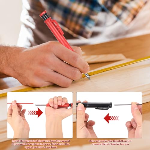 2er Tieflochmarker Bleistift Baustellen Bleistifte, Zimmermannsbleistifte Bohrlochmarker mit 12 Bleistiftminen, Tischler Bleistift Tiefenlochmarker für Schreinerei Baubleistift Handwerker Carpenter