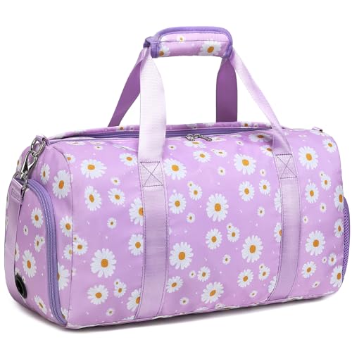 Duffle Bag for Girls, Purple Daisy Dance Sports Gym Ballet Bag with Wet & Shoe Compartments, Overnight Sleepover Weekender Carry On Travel Bag with Trolley Sleeve for Girls Women