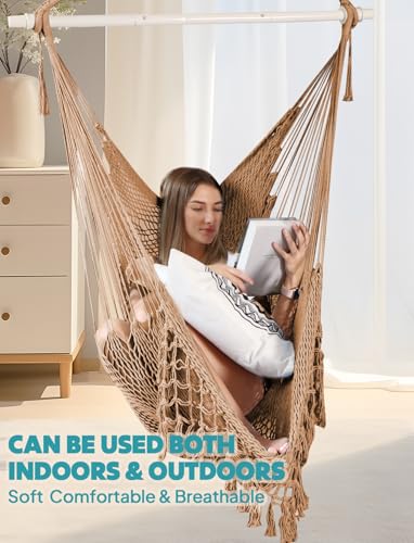 Image of Chihee Hammock Chair Handmade Woven Mesh Hanging Seat Metal Spreader Bar | Cotton Blended Rope Hanging Chair Ventilated Soft-Spun Large Stretch Hammock Swing, Elegant Macrame Indoor Outdoor Garden