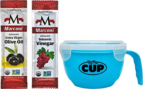 Marconi Organic Extra Virgin Olive Oil and Balsamic Vinegar Packets 25 of Each with By The Cup Salad Bowl