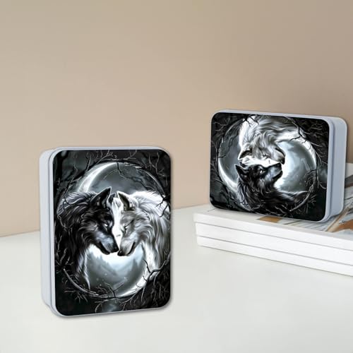 Image of Metal Tin Box with Lid,Multi-functional Storage Box Can Store Tea Biscuits Game Cards, Playing & Tarot Cards-Comes with 4 Magnetic Cord Clips,Black and White Twin Wolves