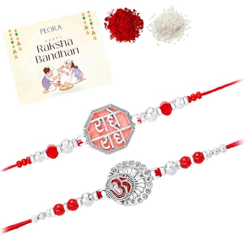 Image of Peora Rakhshabandhan Thread Rakhi for Brother Bhaiya | Kundan Beads & Crystal Studded | Combo Set of 2 | Rakhi Hamper Roli Chawal & Greeting Card