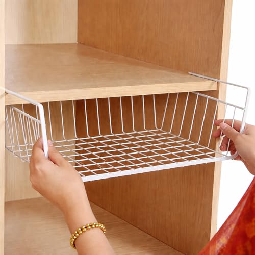 Image of DecorTwist 16 Inch Under Shelf Storage Basket - Heavy Duty Metal Undershelf Organizer for Kitchen Cabinet, Wardrobe & Pantry | No Drill Slide-In Under Cabinet Wire Rack (White) Pack of 2