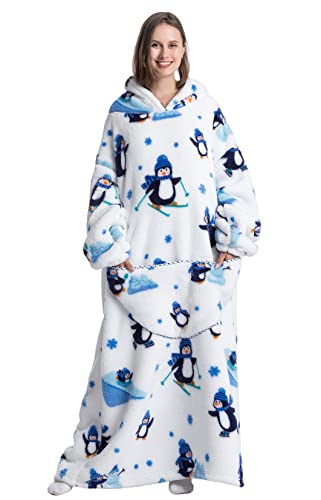 Seogva Extra Long Wearable Blanket Hoodie, Oversized Sweatshirt for Women and Men, Super Warm Cozy Giant Hooded Blanket, Thick Flannel with Sleeves Pocket (Penguins), One Size