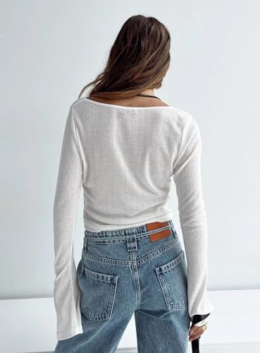 Tankaneo Women's Tie Front Crop Tops Bell Sleeve Scoop Neck Long Sleeve Blouses Crochet Sheer Knit Shrug Shirts4