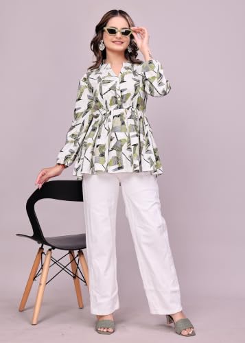 Image of NEW Women's Stylish Brown Polka Dot Crepe Fabric Tunic Top | Full Sleeves Collared Neck Peplum | Flared Fit Trendy Ladies Top