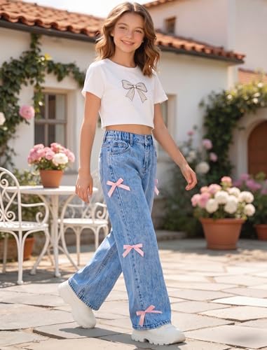Image of Jeans for Girls Baggy Wide Leg Cute Bow High Elastic Waisted Denim Pants Y2K Boyfriend Skater Streetwear 7-14Y