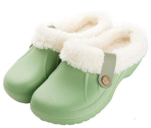 CELANDA Clogs Gefüttert Damen Herren Warm Hausschuhe wasserdichte Gartenclogs mit Fell Frauen Geschlossen Lined Clogs Winter Plüsch Pantoletten Grün 37/38 EU