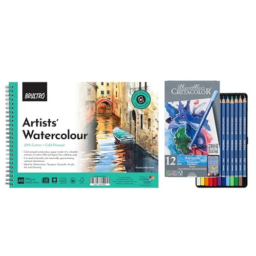 Image of Brustro Artists 25% Cotton Wiro Bound Watercolour Pad (300 GSM,A5,Cold Pressed,12 Sheets) with Cretacolor Marino Aquarelle Watercolor Pencil (Set of 12)|Ideal for Drawing,Painting,Dry and Wet
