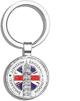 London England UK Round Steel Metal Key Chain Keychain Ring Double Sided Deisgn