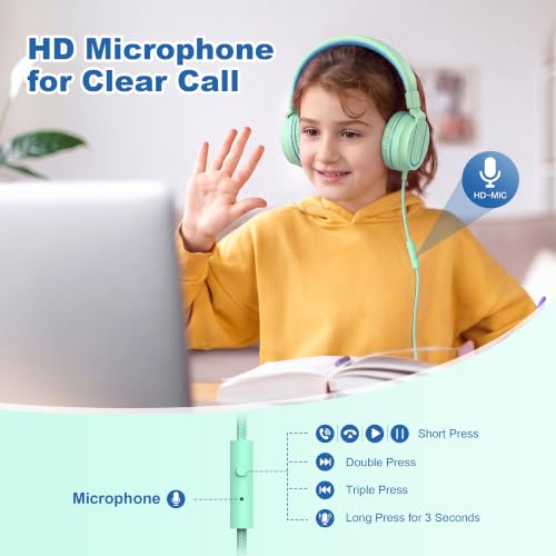 Image of AILIHEN I35 Kids Headphones for School with Mic, 93dB Safe Volume, Green | Wired On Ear Headphones for Kids Girls, Foldable Lightweight Headphone for Classroom Learning & Entertainment Travel Computer