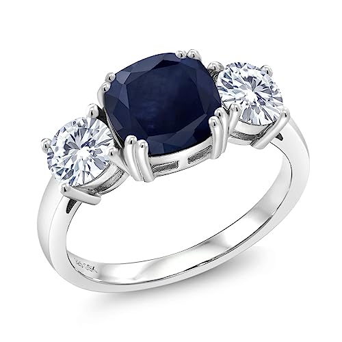 Gem Stone King 3.82 Cttw Blue Sapphire and White Moissanite 3 Stone Engagement Ring For Women | 925 Sterling Silver | Gemstone September Birthstone | Cushion 8MM | Available in Size 5,6,7,8,9