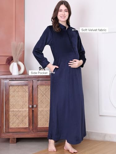 Image of Secret Wish Solid Velvet Maternity Nighty Full Length