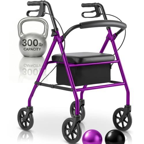 Vive Mobility Steel Rollator Walker with Seat - Foldable, Narrow, Rolling Senior Walker for Small Spaces - 4 Wheel Lightweight Adult Easy Drive with Underseat Storage, Adjustable Height (Purple)