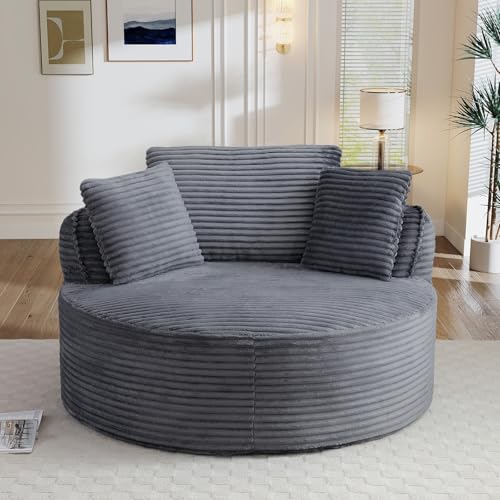 Image of Antetek 53.5-inch Round Chair, Modern Accent Corduroy Comfy Deep Seat Boneless Foam Floor Single Circle Chaise Sofa Chair with 3 Pillows for Living Room Bedroom Office, No Assembly Required, Grey