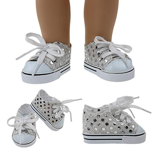 Fundolls FUND-035 18 Inch Doll Shoes, 3 Pairs Glitter Sequin Doll Sneakers Accessories Set Fit 18 Inch American Girl Dolls - Silver thumb #4