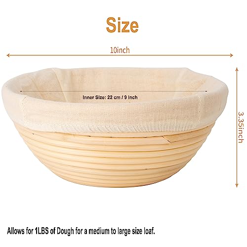 Banneton Bread Proofing Basket - Banneton Basket Set of 2 Pack 10 inch Round Sourdough Proofing Basket with Liner - Handmade Rattan Proofing Rising Bowl for Artisan Bread Making Baking Supplies