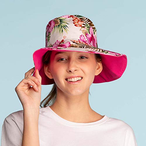C.c Hatsandscarf Exclusives Ponytail Reversible Printed Bucket Sun Hat Uv Protection Packable Beach Hat (St-2245) (Floral Hot Pink) #TOP2