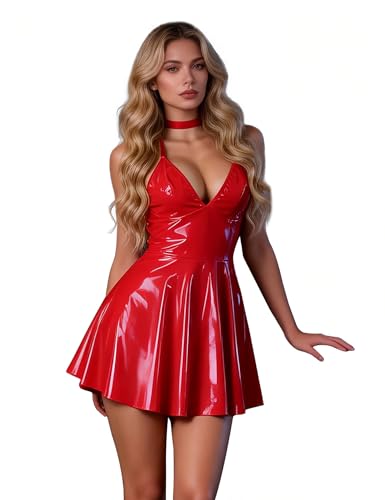 ohyeahlady Lederkleid Damen Kurz Lackleder Minikleid Wetlook Dessous Große Größen Elegant A-Linie Skaterkleid Glänzende Partykleid V-Ausschnitt...
