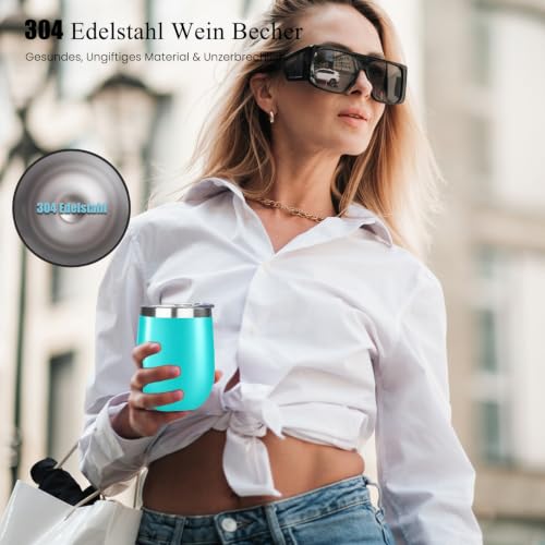BeBeiZi Weinbecher Edelstahl, 350ml Stemless Weinbecher Mit Deckel Und Strohhalm, Vakuumisolierte Reisekaffeetasse für Cocktails, Coffee… – Ansicht 3