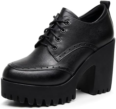 Women's Leather Lace Up Brogues Platform Chunky Heel Oxfords Vintage Round Toe Wingtip Chunky Heel Dress Shoes for Business Office &Work