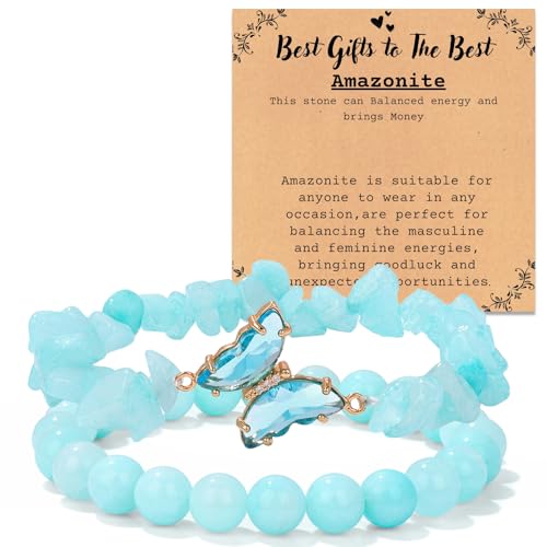 RONYOSTING Amazonite Healing Bracelet for Women - Yoga Jewelry with Butterfly Charm, Handmade Stretchy Round Beads Bracelet, Enhance Positive Energy