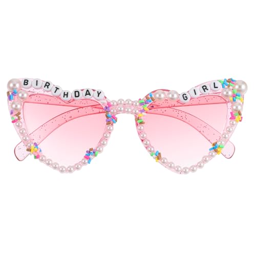 APLZGMG Birthday Glasses for Women, Birthday Girl Heart-Shaped Sunglasses, Pink Stylish Sunglasses with Pearl, Birthdays Party Accessories Outfit Gift for Women Girls