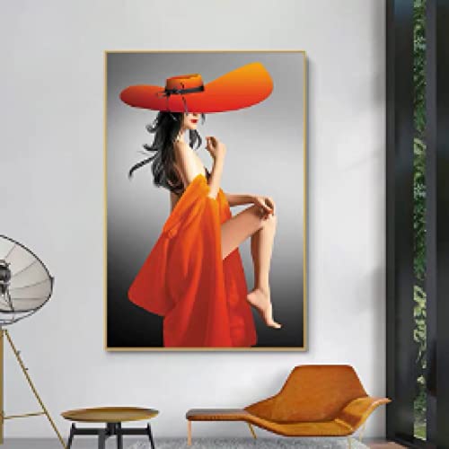 Affiche et impression sur toile de portrait abstrait femme chapeau orange 60x90cm