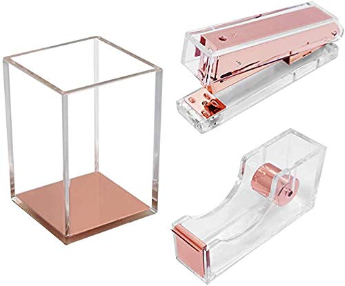 Multibey Clear Rose Gold Acrylic Office Supplies Organization Set Stapler, 24/6 Staples, Pen Pencil Holder Cup, Tape Dispenser for Desk Accessories Organizer (Rose Gold)