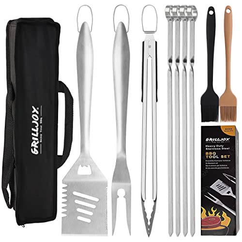 grilljoy 8PC Extra Thick Stainless Steel Grilling Tools Set, Heavy Duty BBQ Spatula, Fork, Tongs, Skewers & Storage Bag, Deluxe Grill Utensils Set for Men Women Birthday Gift