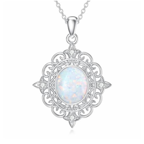 Aihpos Vintage Opal Necklaces for Women Platinum Plated Silver Oval Cut White Opal Pendant October Birthstone Necklace, 18''-20''