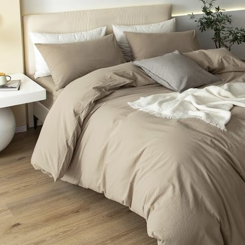 JIYUAN Queen Size Duvet Cover Set, 3-Piece - 100% Washed Cotton, Linen-Like Soft & Breathable with Zipper Closure, Includes 90x90 Inch Cover & 2 Pillowcases, Solid Khaki by JIYUAN - Used condition - Image 5