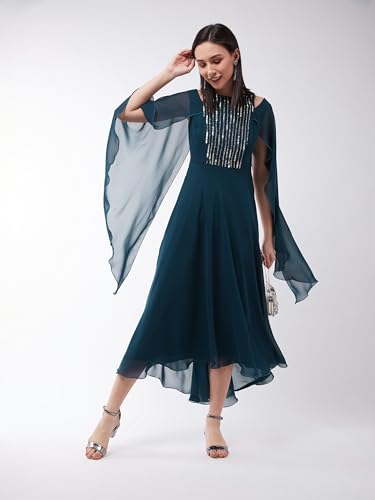 Image of Miss Chase Women's Round Neck Sleeve Embellished Fit Flare Maxi Dress