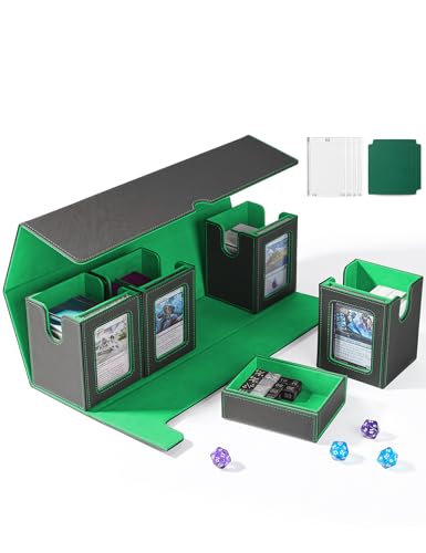 UAONO Card Deck Box for MTG with Commander Display, 5 in 1 Card Deck Case Holds 800+ Unsleeved Cards, Strong Magnet Organizer Compatible with Yugioh TCG Sports Cards (Black&Green)