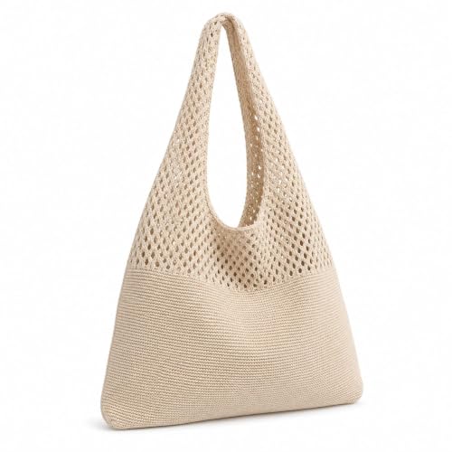 Imagen de Vazcan® Bolso de Playa Crochet 100% Algodón con Asa Reforzada Bolso de Malla Boho Bandolera Grande para Verano y Vacaciones