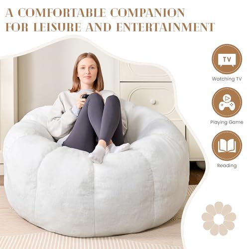 Image of Flower Bean Bag Chair for Teens and Young Adults, Soft Faux Fur Floor Seating with Memory Foam, Aesthetic Room Decor Cozy Lounger for College Dorm, White
