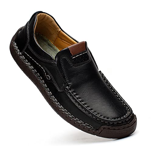 Slip On Shoes For Men Loafers & Slip-Ons Black Casual Leather Shoes Wide Width Driving Shoes【Includes An Extra Pair Of Insoles】 Please Choose A Larger Size For Big Feet(Black45) #TOP2
