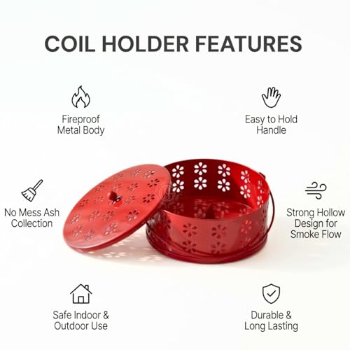 Image of DSH Metal Mosquito Coil Holder with Lid & Handle Ash Catcher Stand for Mosquito Coil Indoor Outdoor Safe Use (Red)