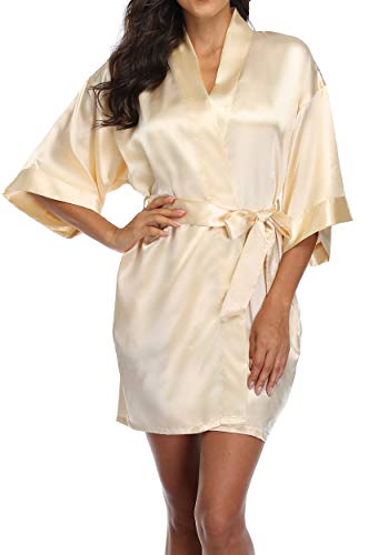 Women's Satin Robe Short Kimono Bride Bridesmaid Robes Pure Color Sleepwear Silky Bathrobe Bridal Dressing Gown, Champagne Gold Xl #TOP3
