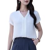 [Hotouch] ブラウス レディース 半袖 Vネック シフォン トップス シャツ 夏 薄手 通気性 無地 シンプル 体型カバー 着痩せ 柔らかい ゆったり おしゃれ UV防止 通勤 デート オフィス カジュアル フォーマル ビジネス スーツ インナー