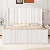 HOMBCK Queen Bed Frame, Upholstered Platform Bed Frame Queen Size with Vertical Channel Tufted Headboard & Footboard, Wingback Design/Noise Free/No Box Spring Needed/Easy Assembly, Cream