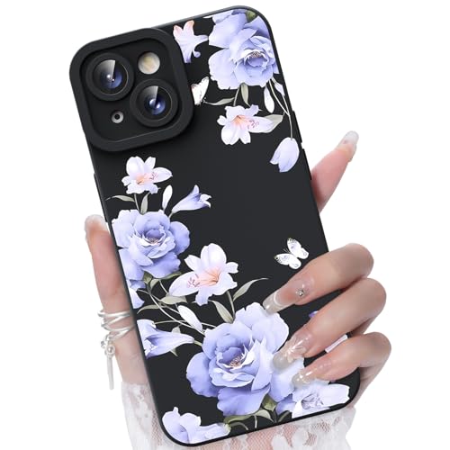 CASBST for iPhone 14 Phone Case, Purple Floral Pattern, Black
